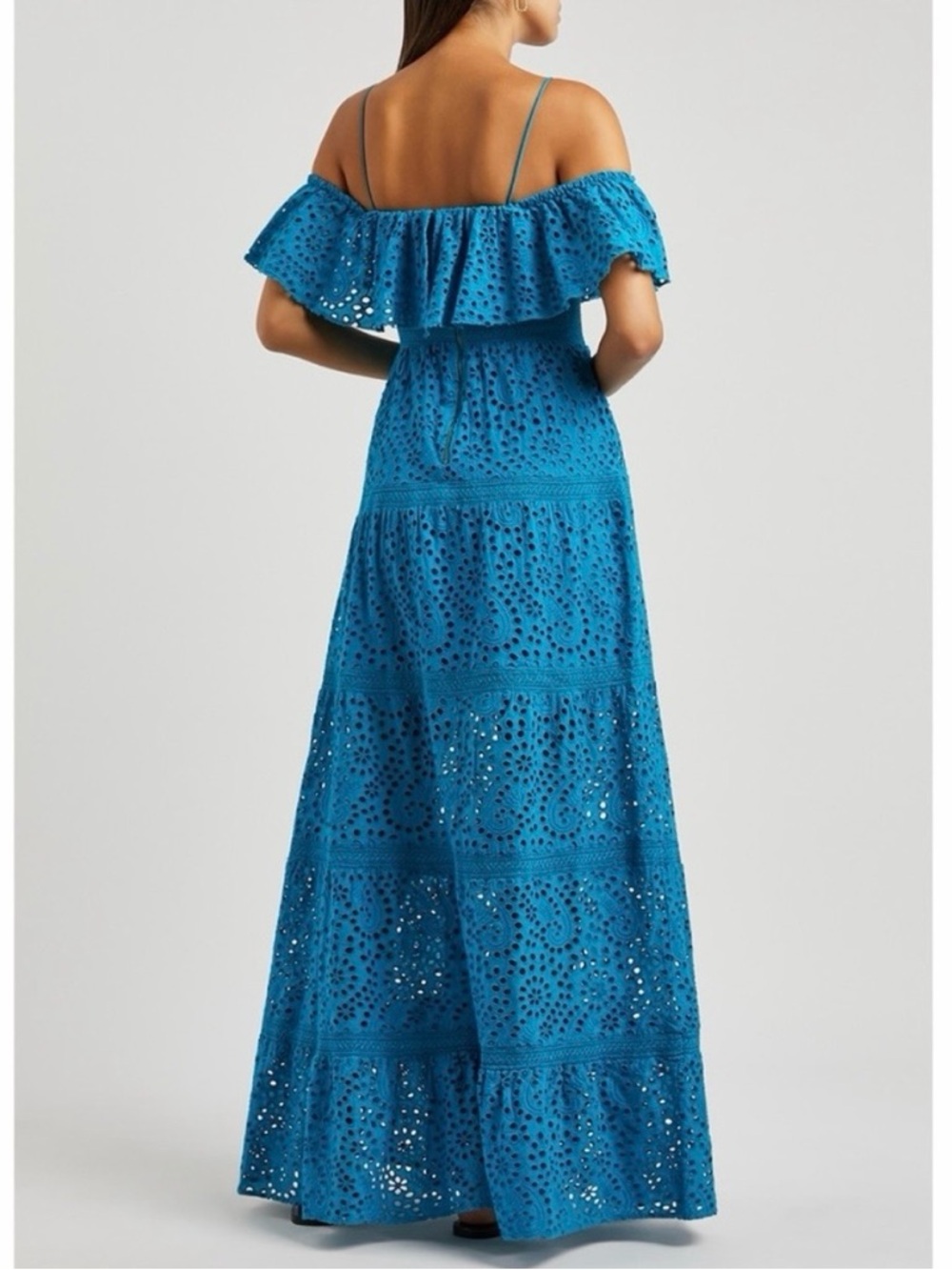 NWT Alice + Olivia Kia Eyelet Ruffle Tiered Maxi Dress in Ocean Blue Size 10 - Picture 2 of 9